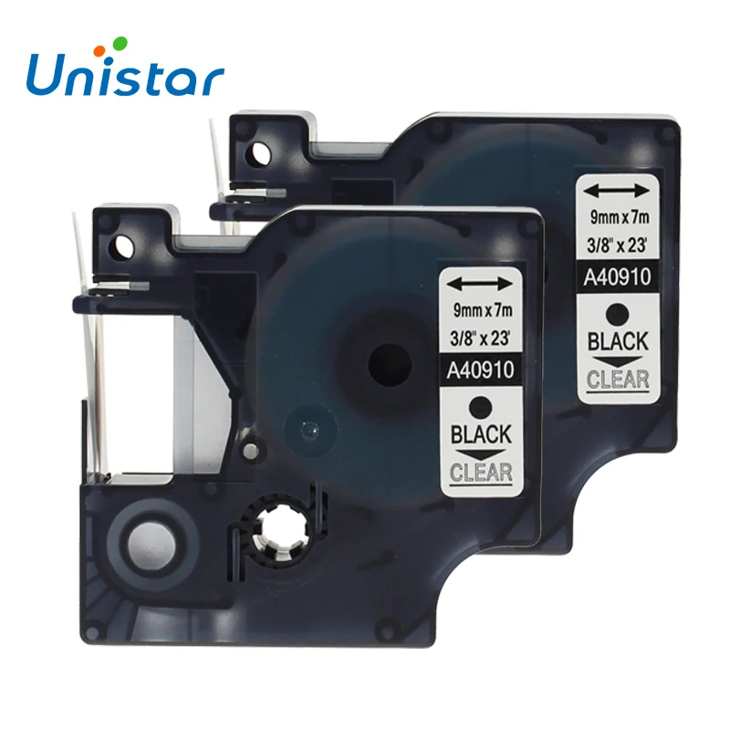 UNISTAR 2 шт. совместимая наклейка с лентой Dymo 9 мм черная на прозрачной 40910 лента
