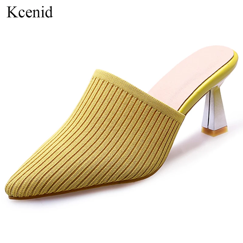 Kcenid/Большие размеры 34-43; модные шлепанцы; коллекция года; летние женские слипоны с острым носком из эластичной ткани; шлепанцы на высоком каблуке; Новинка; женская обувь