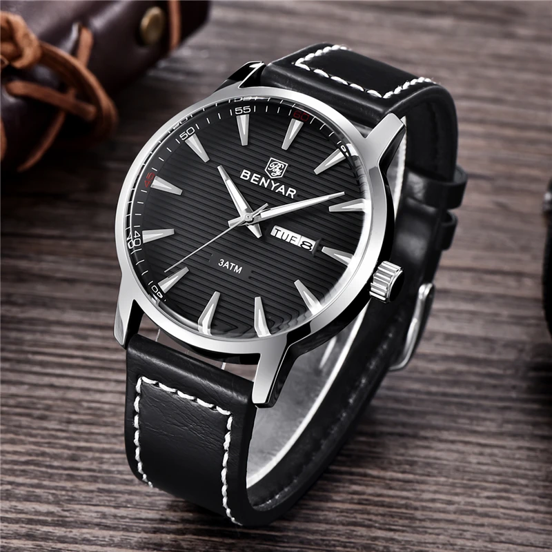 

2019 Original BENYAR Top Luxury Brand Men's Quartz watch casual Fashion real leather waterproof Men Watch horloges mannen reloj
