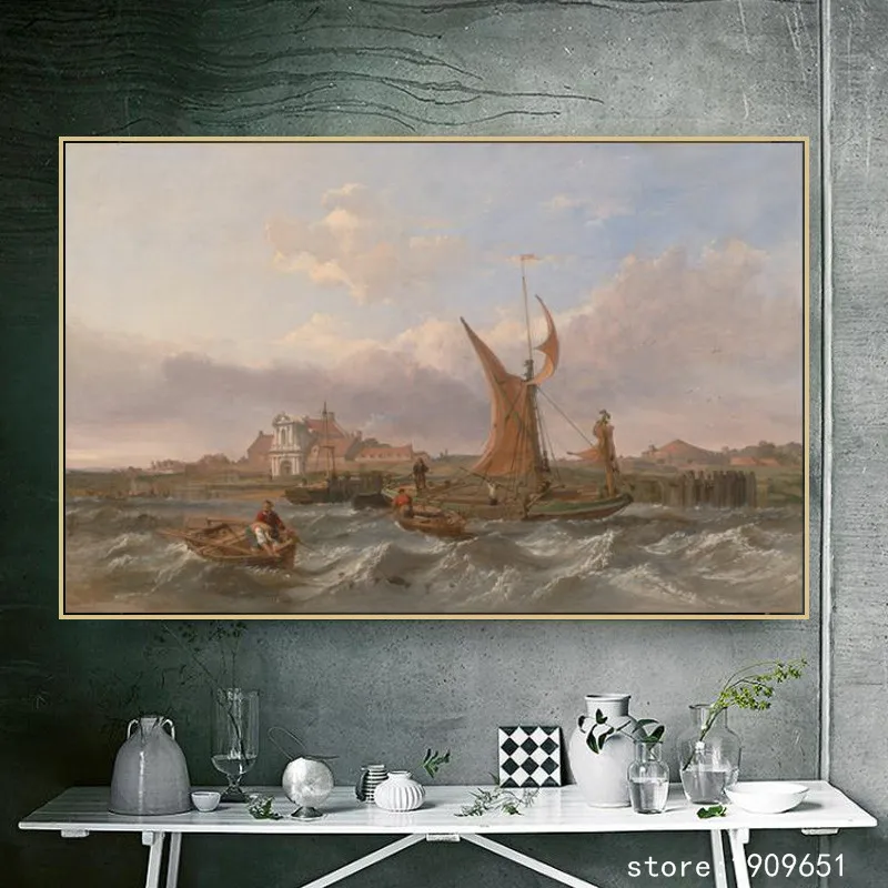 Хлопок без рамки классический дом лодка морской пейзаж холст печать картина
