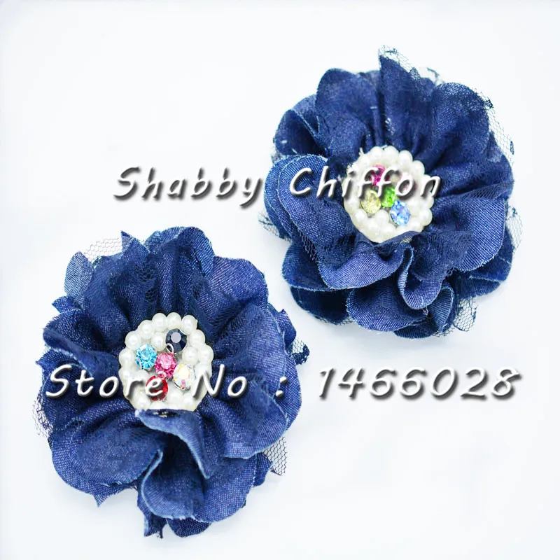 

25 pcs/lot , 10 cm colorful rhinestone pearl shabby denim lace flowers for headband