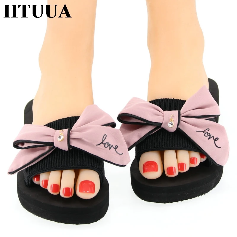 Женские шлепанцы с большим бантом HTUUA пляжные на плоской подошве 3 см уличные