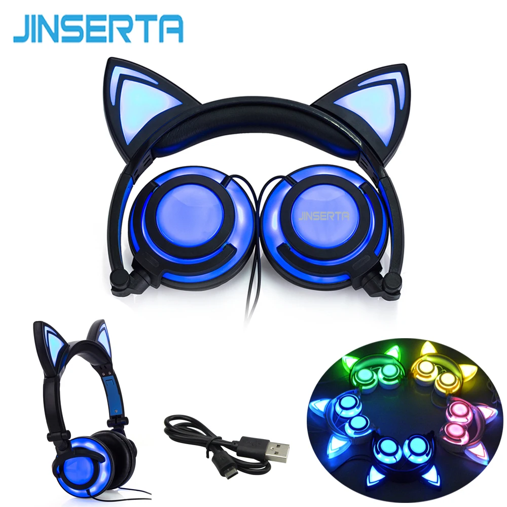 JINSERTA, кошачьи наушники, светодиодный, кошачьи наушники, мигающие, светящиеся, гарнитура, игровые наушники для взрослых и детей