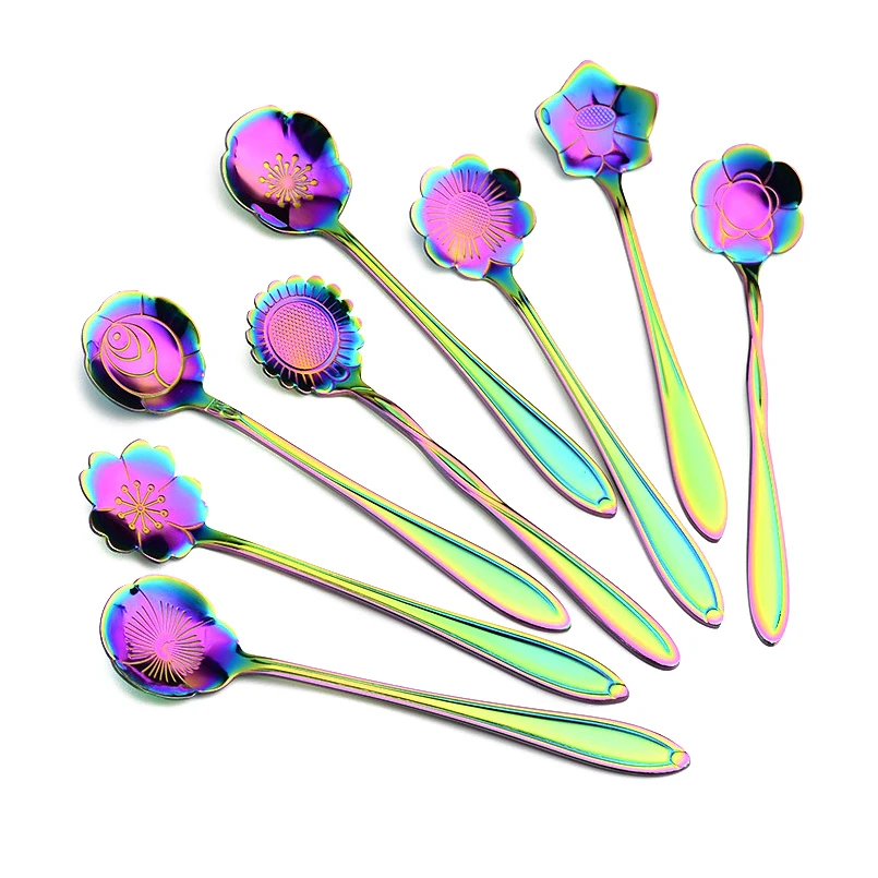 8 шт./компл. кофейная ложка из нержавеющей стали в форме цветка Радужный цвет