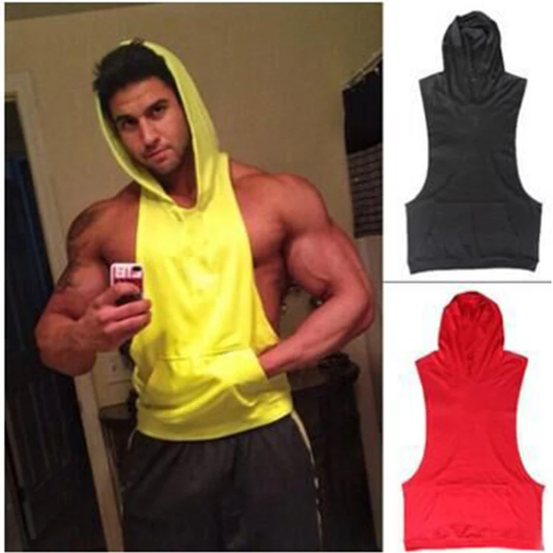 Мужская спортивная майка без рукавов жилет с капюшоном для фитнеса тренажерного