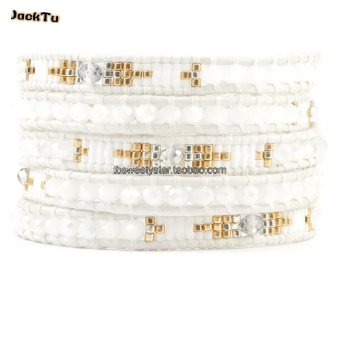 

new style crystal with seed beads white leather wrap bracelet