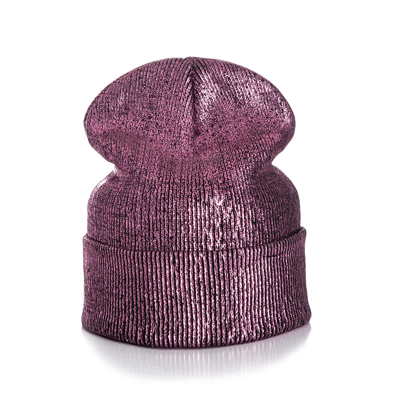 Женская вязаная шапка Skullies Beanies, модная зимняя женская шапка с золотым тиснением, одноцветная шапка бини, Женская мигающая шапка Skullies для девушек - Цвет: Rose Red