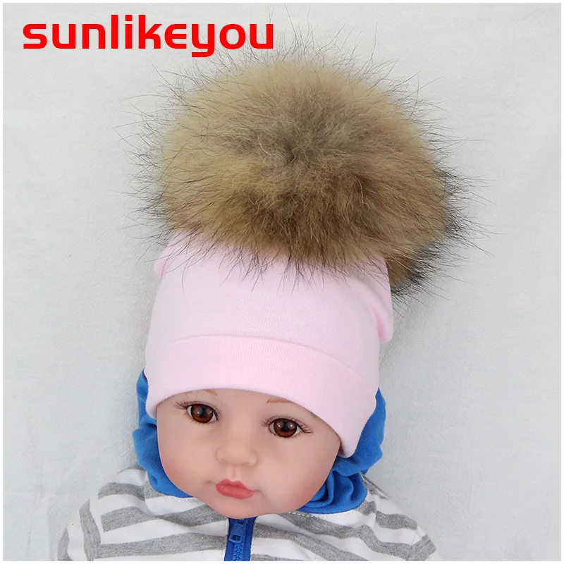 Sunlikeyou шапки для новорожденных мальчиков и девочек настоящий помпон из меха енота теплый детский широкий берет-Боб хлопок Мягкая шапка детская шапка для младенца