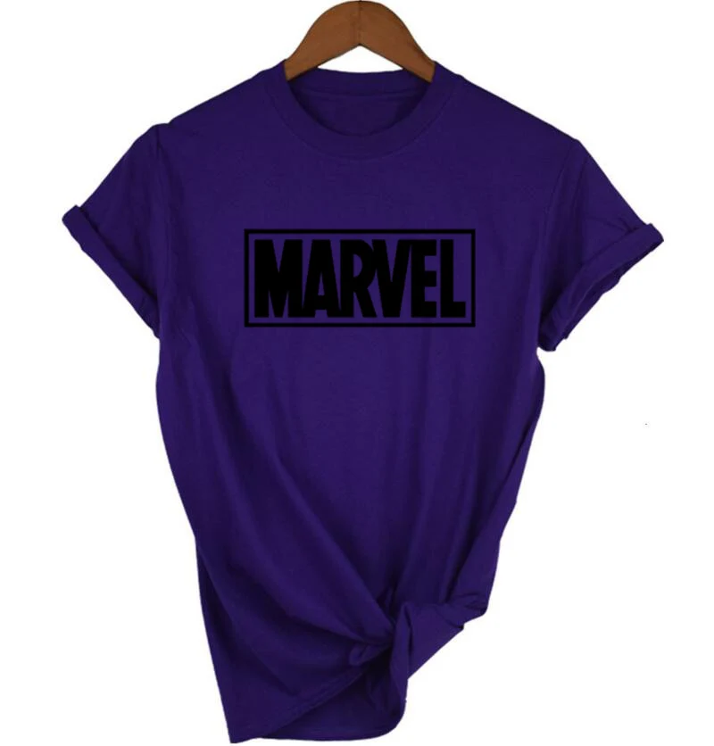 purple 1 Летняя футболка с надписью MARVEL, Женская Повседневная футболка с коротким рукавом, женские топы размера плюс, Забавные футболки - Цвет: purple 1