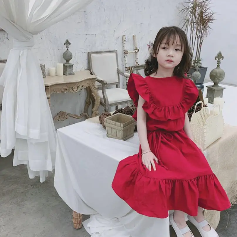 Однотонное красное платье с оборками для девочек летнее маленьких Vestidos детская