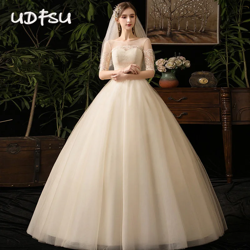 

UDFSU Women Vintage Tulle Lace Wedding Gowns Boat Neck Lace Up Wedding Dresses Princess Elegant Ball Gown
