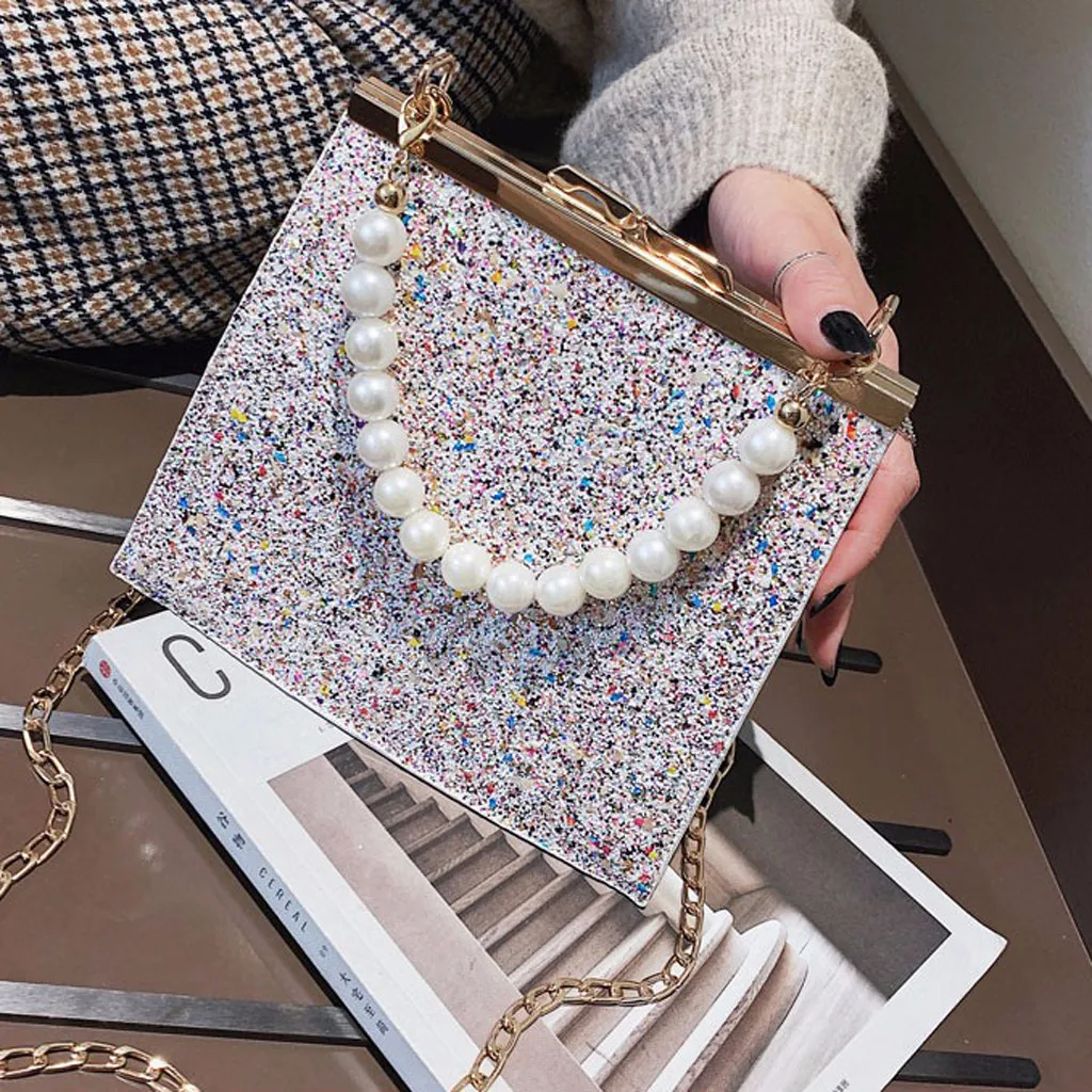 Женские сумки Bolsos Mujer, Женская жемчужная сумка через плечо, блестящая цепочка, кожаные красочные сумки-мессенджеры, сумка на плечо, сумка-тоут с жемчугом, сумка-мессенджер