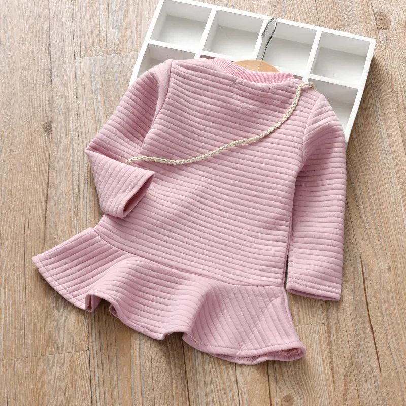 Girls Dresses with Rabbit Fur Bag Baby Cotton Dress Children Long Sleeve Clothes Striped Kids Party | Детская одежда и обувь