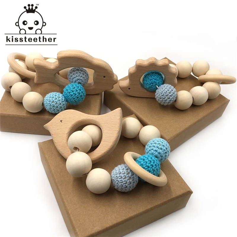 

Crochet Bead Teething Ring Set Untreated Beech Teether with Organic Wood Animal Toy Wood Bracelet Baby Wooden Teether Bangle