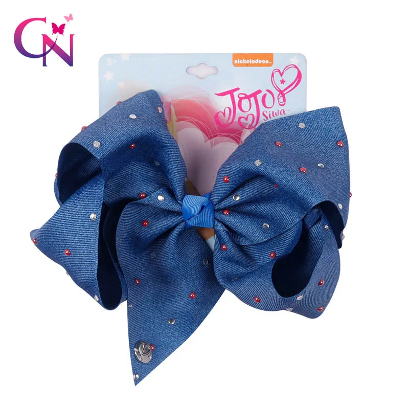CN 8 дюймов Jumbo из джинсовой ткани в горошек и бантом жемчужинами для девочек бант