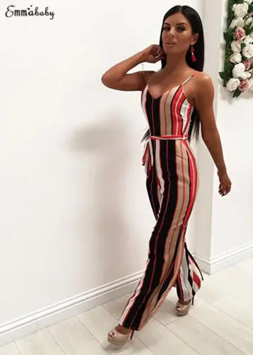Сексуальный женский полосатый Свободный комбинезон с высокой талией и v-образным
