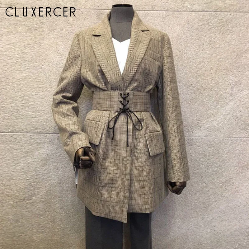 Женский винтажный блейзер в клетку Длинный с поясом Корейском стиле весна осень