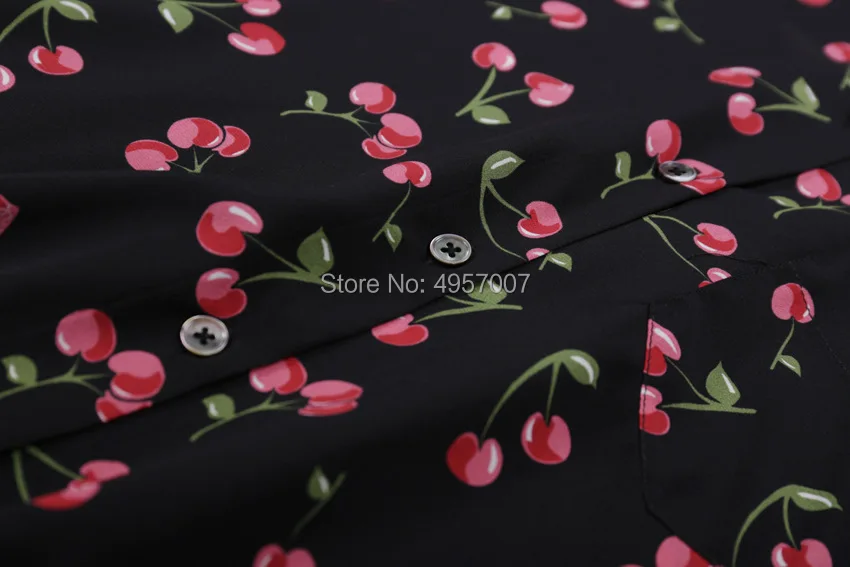 Elfbop Женская шелковая бежевая/черная рубашка с контрастным принтом вишни длинным