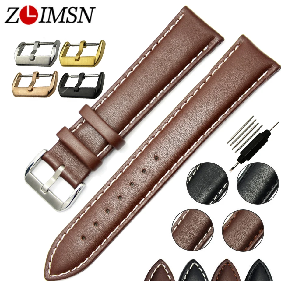 

ZLIMSN Smooth Watchband Brown Black 18 20 22 24mm Genuine Leather Watch Strap 316L Stainless Steel Buckle relogio masculino 2017