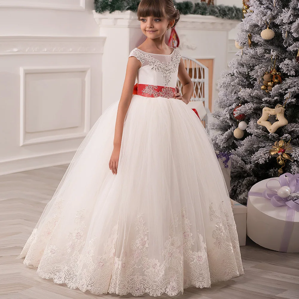 

Gorgeous Vestidos de Communion Sleeveless Ruffles Bow Open Back Lace Appliques Christmas Little Girl Tulle Ball Gowns 2017