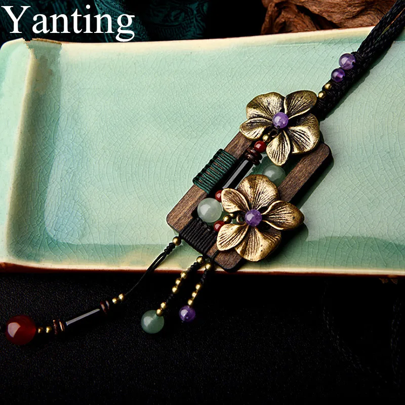 Yanting бронзовый цветок длинное ожерелье квадратное дерево винтажное авантюрин