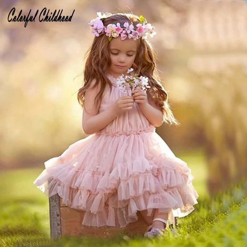 Кружевное платье для девочек летнее стильное Пышное многослойное принцессы без