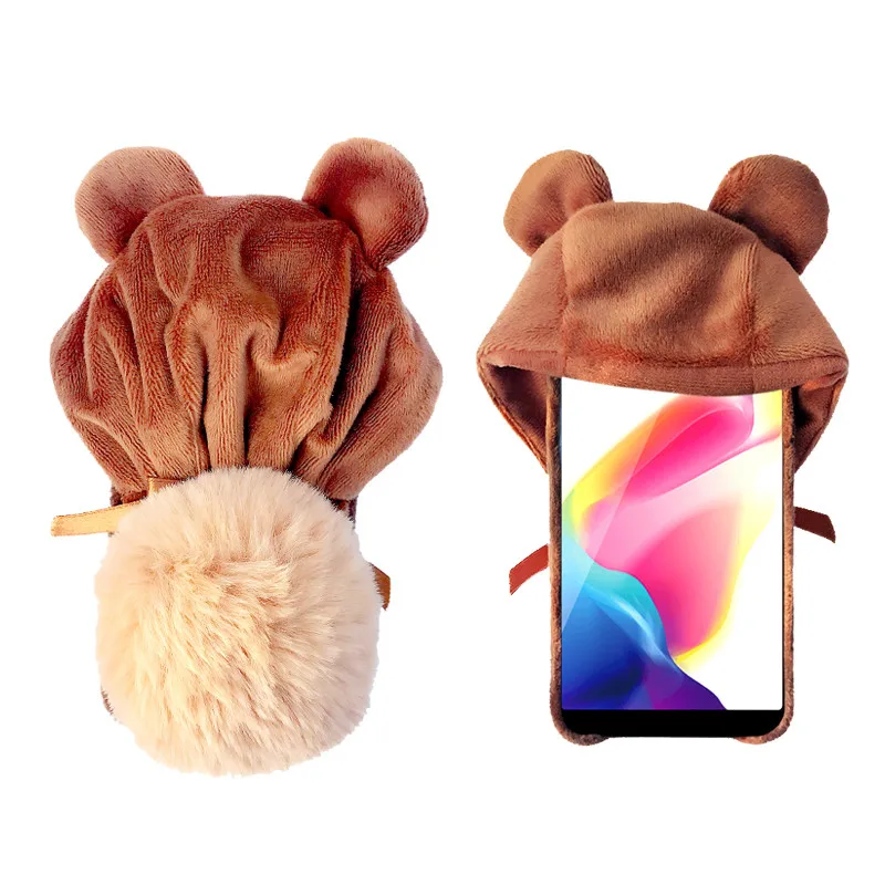 Ainike Cute Warm Fur Ball Bear Hat Phone Case For BBK Vivo X9s X20Plus Xplay5 X21i V15 Y17 Y3 Animal Ears Soft Furry Plush Cover |