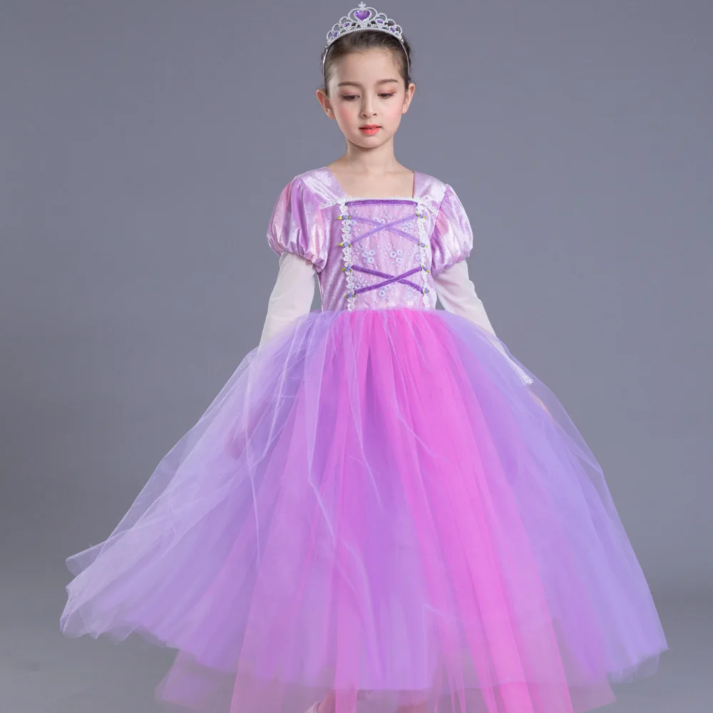 2019 Spring Baby Girl Elsa Dress 6 Layers Mesh Lavender Long Lace Party Ball Gown Kids Princess Costume 4 8 10 12 Y 3L07A | Детская