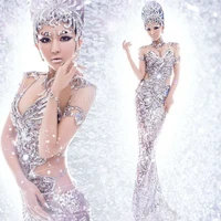 award ceremony model catwalk stage costume women singer dancer host sexy backless dress stage outfit silvery sequins skirts sets