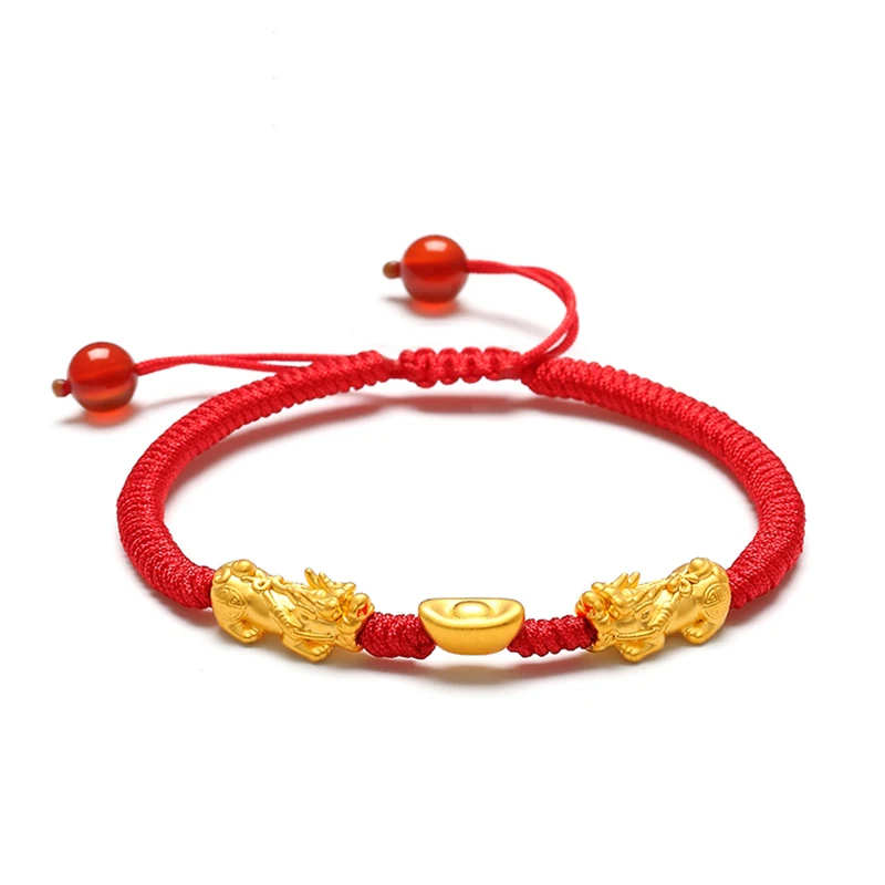 Новый настоящий 24К желтый Золотой 3D Luck Two Pixiu с слитком красный вязаный браслет 6 7