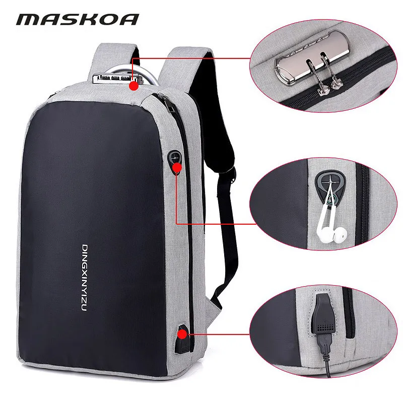 Mochila do homem USB зарядка Противоугонная блокировка паролем колледж рюкзак бизнес