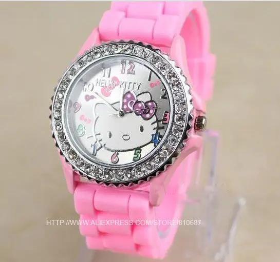 10pcs/lot Free ship by HK post Diamond crystal Hello kitty Silicone Band Quartz Wrist Watch For Unisex Gift 7 Color Available |