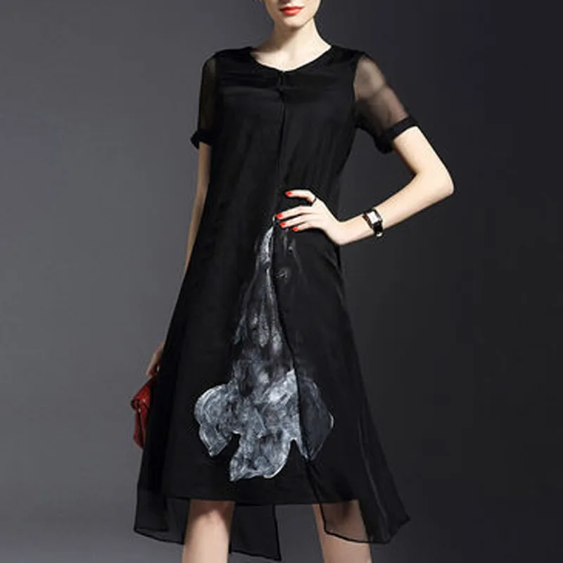 TANGNEST Лето Женщины Платье 2016 О-Образным Вырезом Узел Кнопка Цветочный Печати