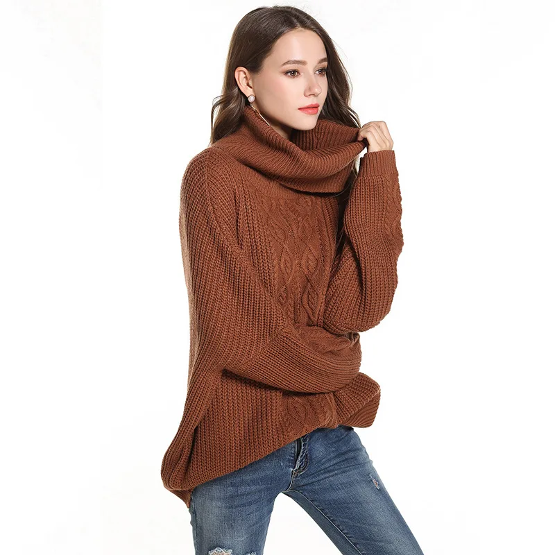 

Women Casual Sweaters Winter Turtleneck Long Sleeve Solid Color Loose Long To Hip Pullovers Female Fashion Batwing Streetwear