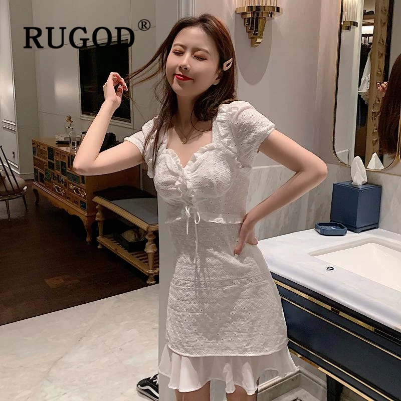 RUGOD корейское шикарное белое кружевное открытое женское платье с рукавами-фонариками, Сексуальное Тонкое кружевное лоскутное платье на шнуровке для девушек, платья для вечеринок vestidos