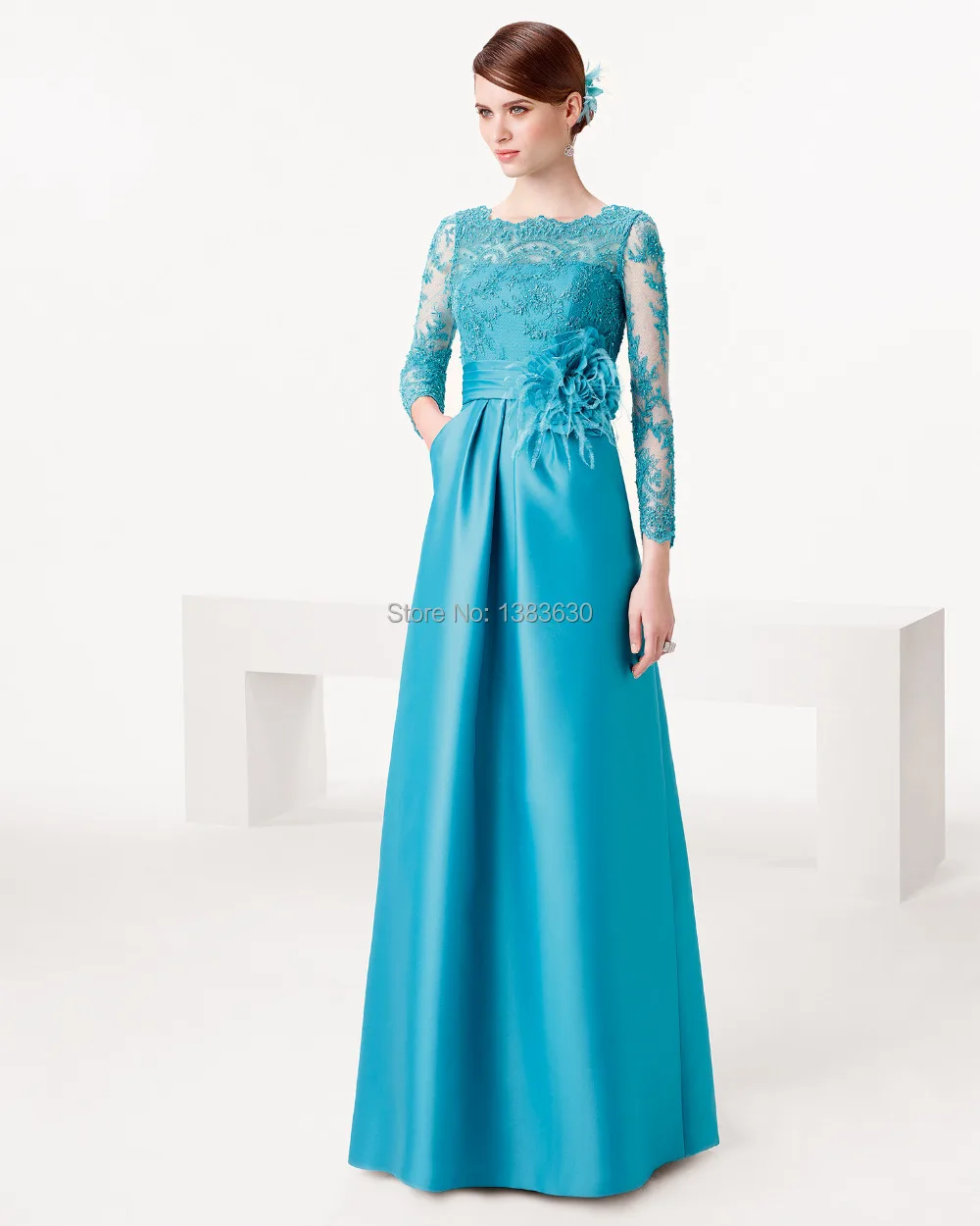 Vestido de Festa Charming Elegant Blue Satin Evening Dress 2015 New Design A-Line Long Sleeve Applique Flower Women Formal | Свадьбы и