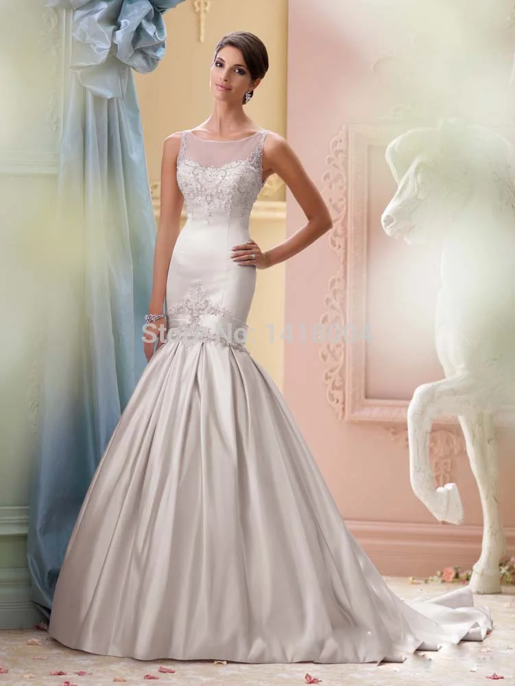 A-2015 new mermaid scoop neckline sheer wedding dresses see through lace crystals beaded vestidos bridal gowns | Свадьбы и торжества