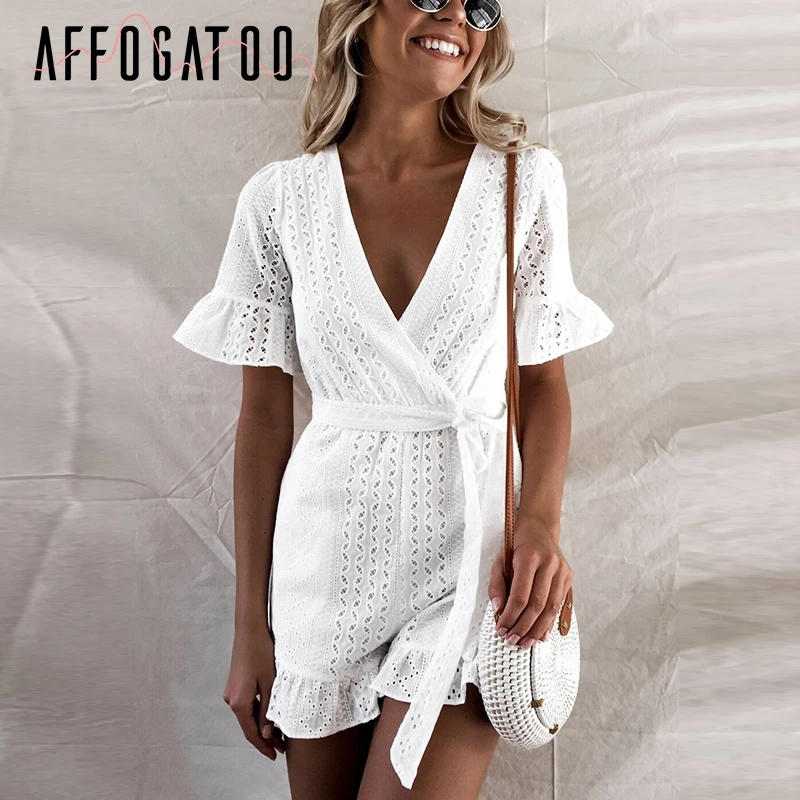 Affogatoo Sexy v neck ruffle romper women jumpsuit Elegant high waist cotton short jumpsuit Embroidery sash playsuit summer