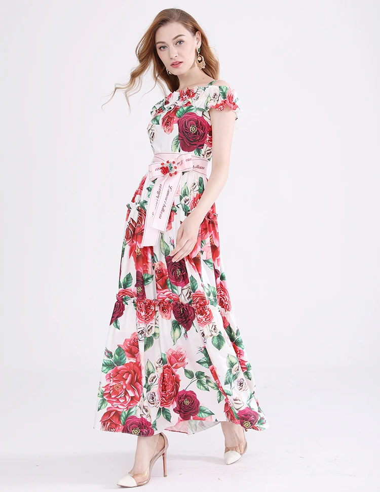 MoaaYina Fashion Designer Runway Dress Summer Women Spaghetti Strap Rose Floral Print Ruched Beading loveliness Elegant Dress