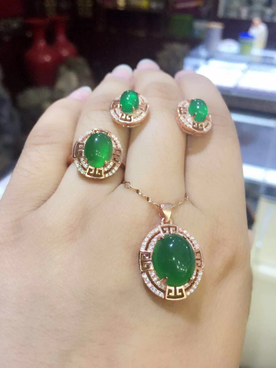 KJJEAXCMY Fine jewelry, серебро 925 пробы, инкрустированное Синьцзян, нефрит, Зеленый Халцедон, кольцо, Женские Подвески модели, 3 комплекта