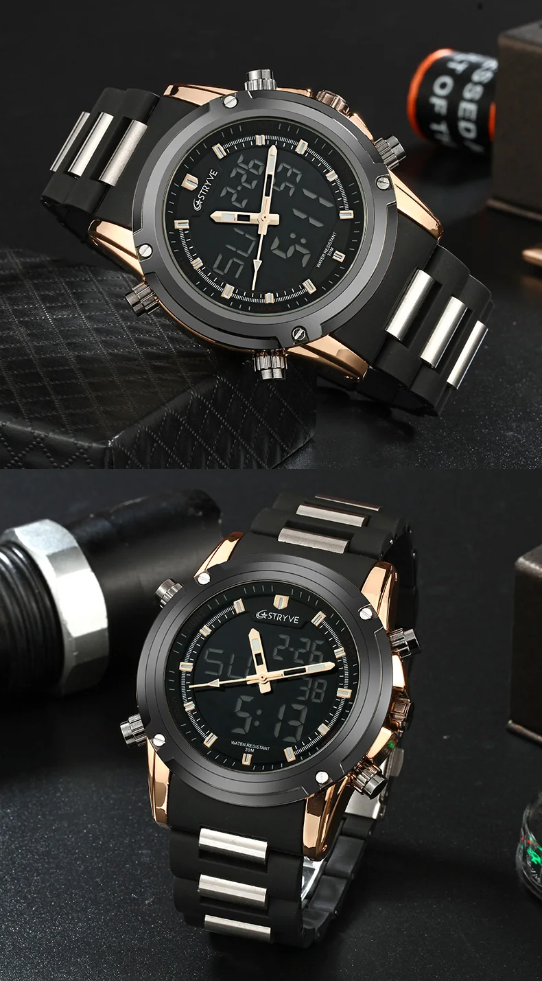Montre Homme STRYVE Лидирующий бренд часы для мужчин Спорт водонепроницаемый силиконовый стальной Дата Сигнализация GMT светодиодный фонарь роскошный цифровой кварц