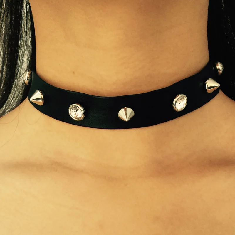 Ожерелье чокер из черной искусственной кожи с заклепками в готическом стиле|fashion