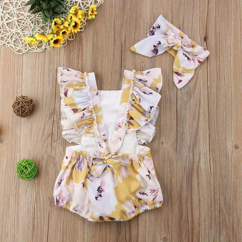 

2019 Hot Baby Girls Infant Ruffle Backless Floral Romper + Headband Outfit Clothes