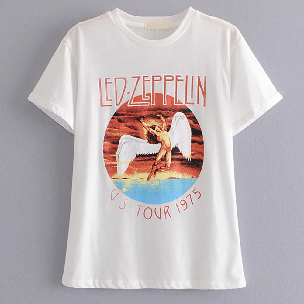 TXJRH модный Led Zeppelin письмо Ангел символ короткий рукав тройник стильный женский пуловер с круглым вырезом хлопок футболка Топы 2 цвета - Цвет: Beige