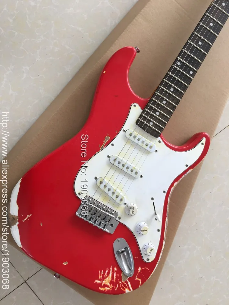 Все искусственные relic red ST электрогитара, 1964 состаренная релическая ST гитара, SSS