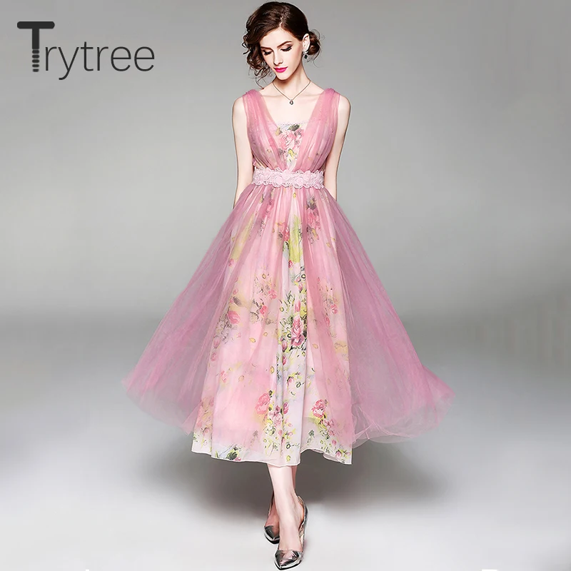 

Trytree Summer Romantic Floral Print Double-layers Dress Women Voile Patchwork Strap dresses Lace Bow Sashes High Street Dress