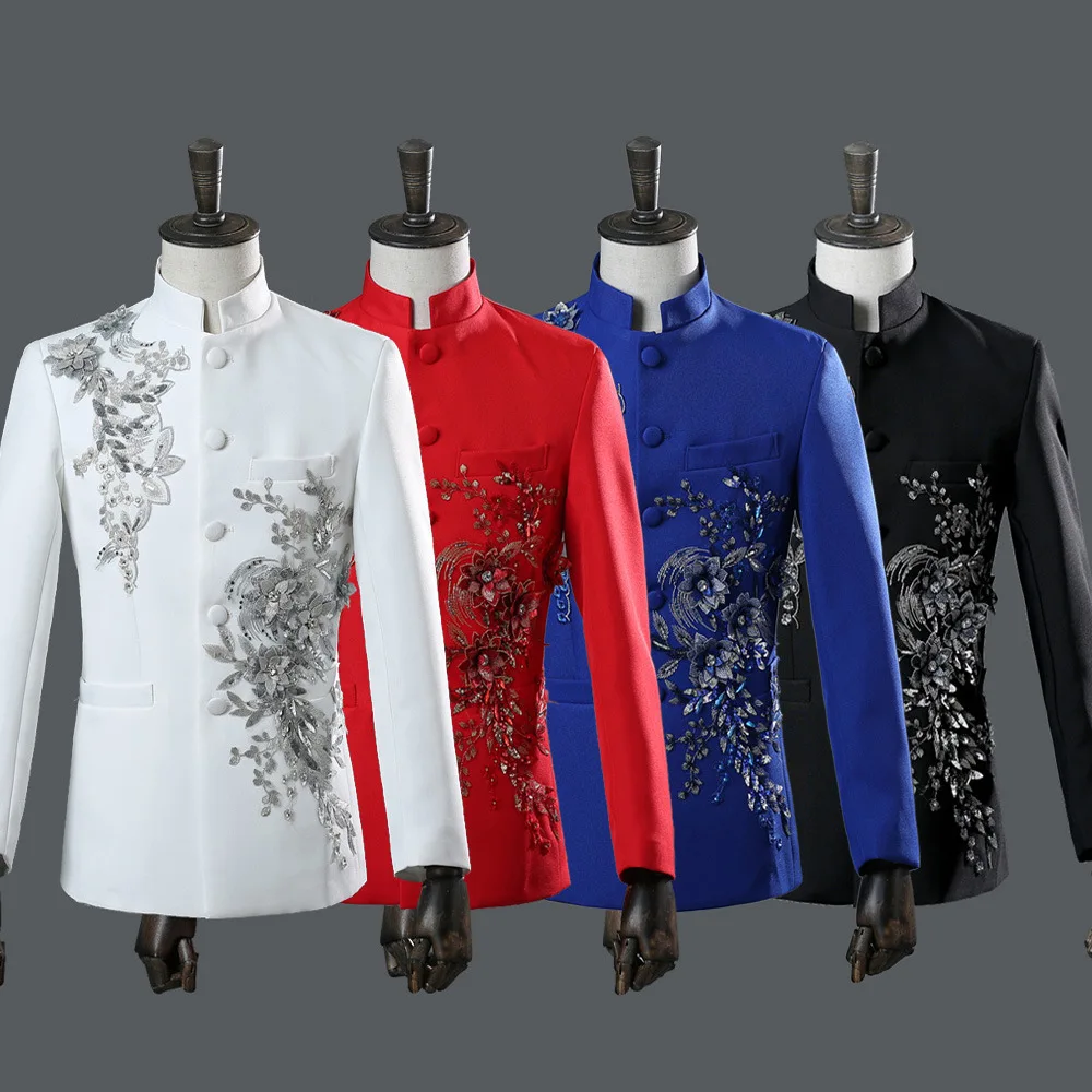 

Mens Dress Suits Singers Stage Stand Collar Costumes Outfits Men Wedding Embroidery Show Decal 2-piece Set Suits with Diamonds