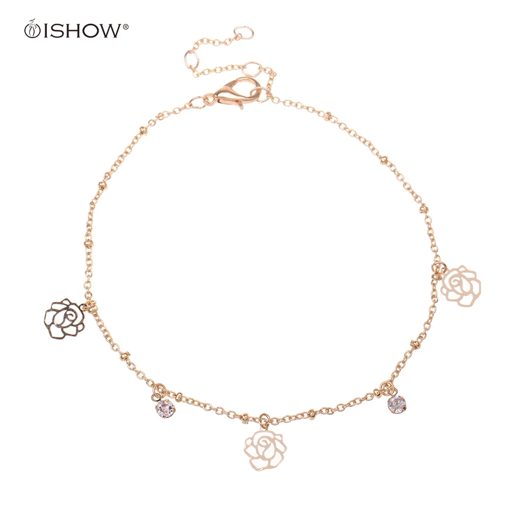 Золото Цвет полые розовыми цветами кристаллы цепи ножной браслет сладкий ног для