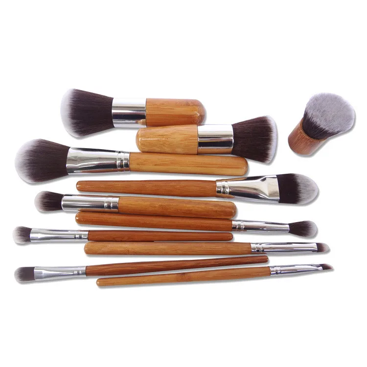 11Pcs Makeup Brushes Synthetic Professional Natural Bamboo Cosmetics Foundation Eyeshadow Blush Brush Set Kit With Bag | Красота и