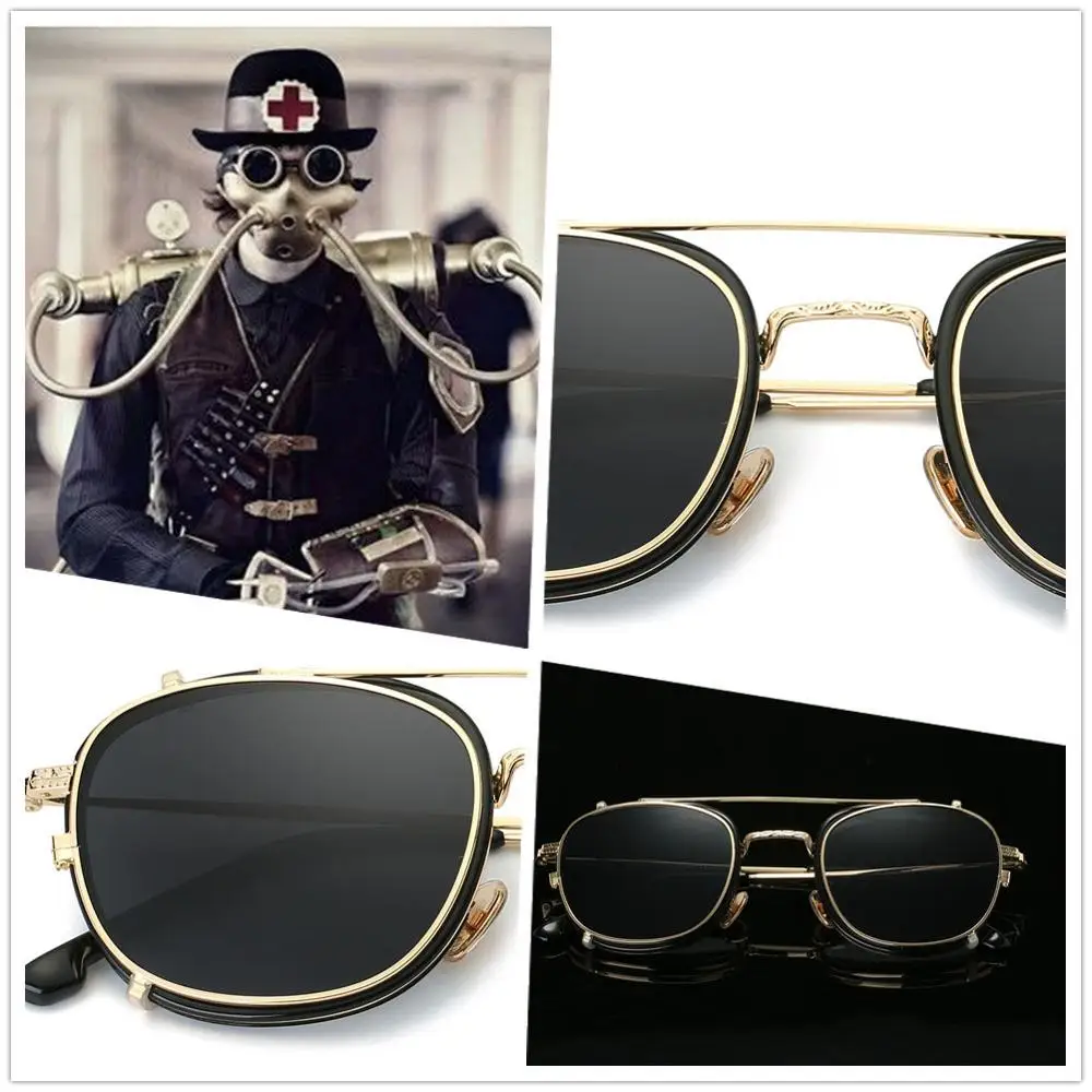 Мужские солнцезащитные очки в стиле стимпанк золотистые черные зеркальные